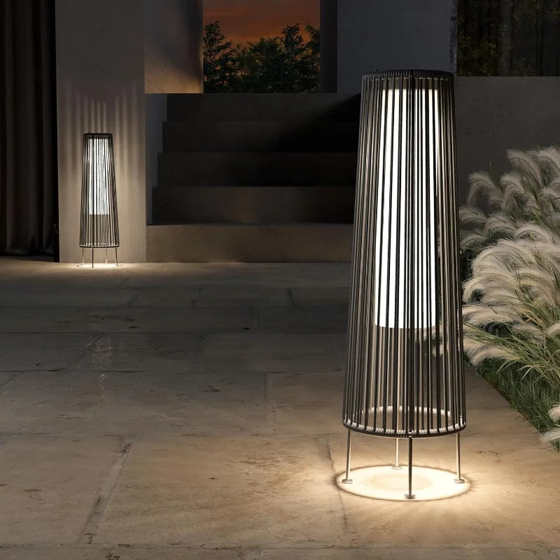 Outdoor Floor Solar Light 2-Pack, Wicker Solar Patio Lamp Waterproof Outside Deck Lamp for Porch, Yard, Garden, Lawn