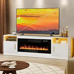 Lemberi Fireplace tv Stand with 36 inch Fireplace Up to 80" TVs,LED Light Entertainment Center and Storage, 70" Modern Wood Medi
