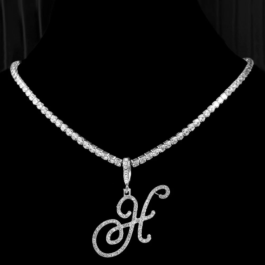 Caraquet Cursive Alphabet Name Necklace CZ Chain Pendant