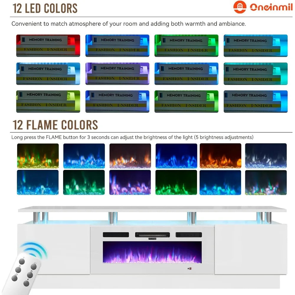 80" Modern Electric Fireplace TV Stand for TVs Up to 90 inch, with Electronic Flame and LED Lights, Luxury High Gloss Finish En