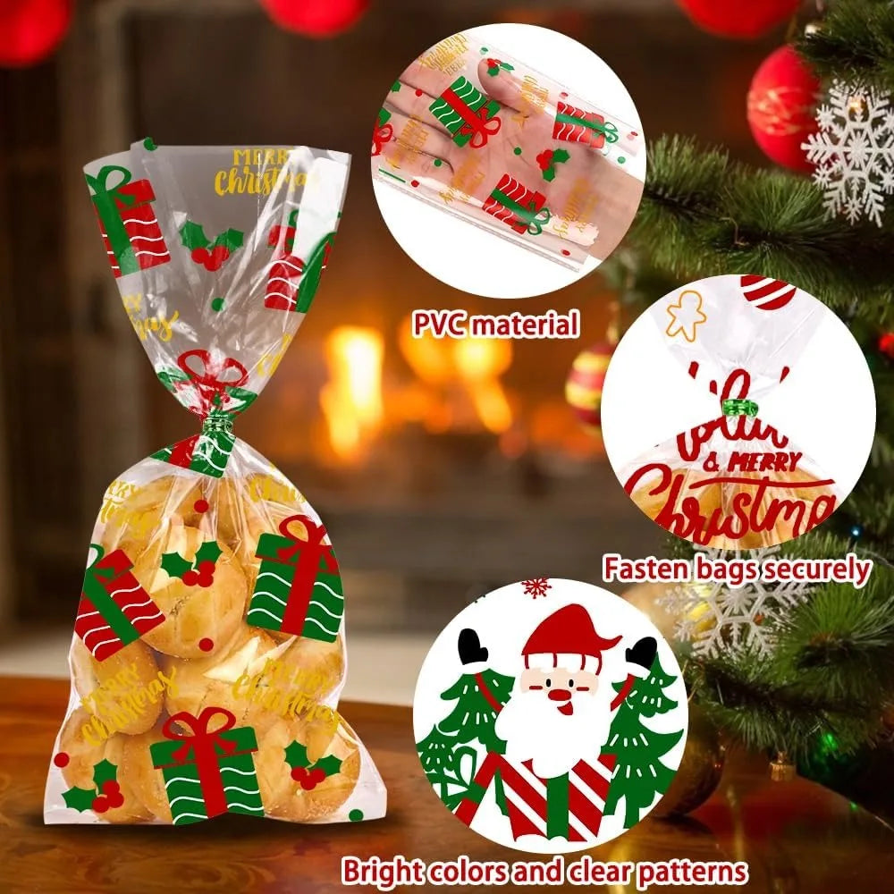 Christmas Cellophane Treat Bags With Twist Ties Santa Theme