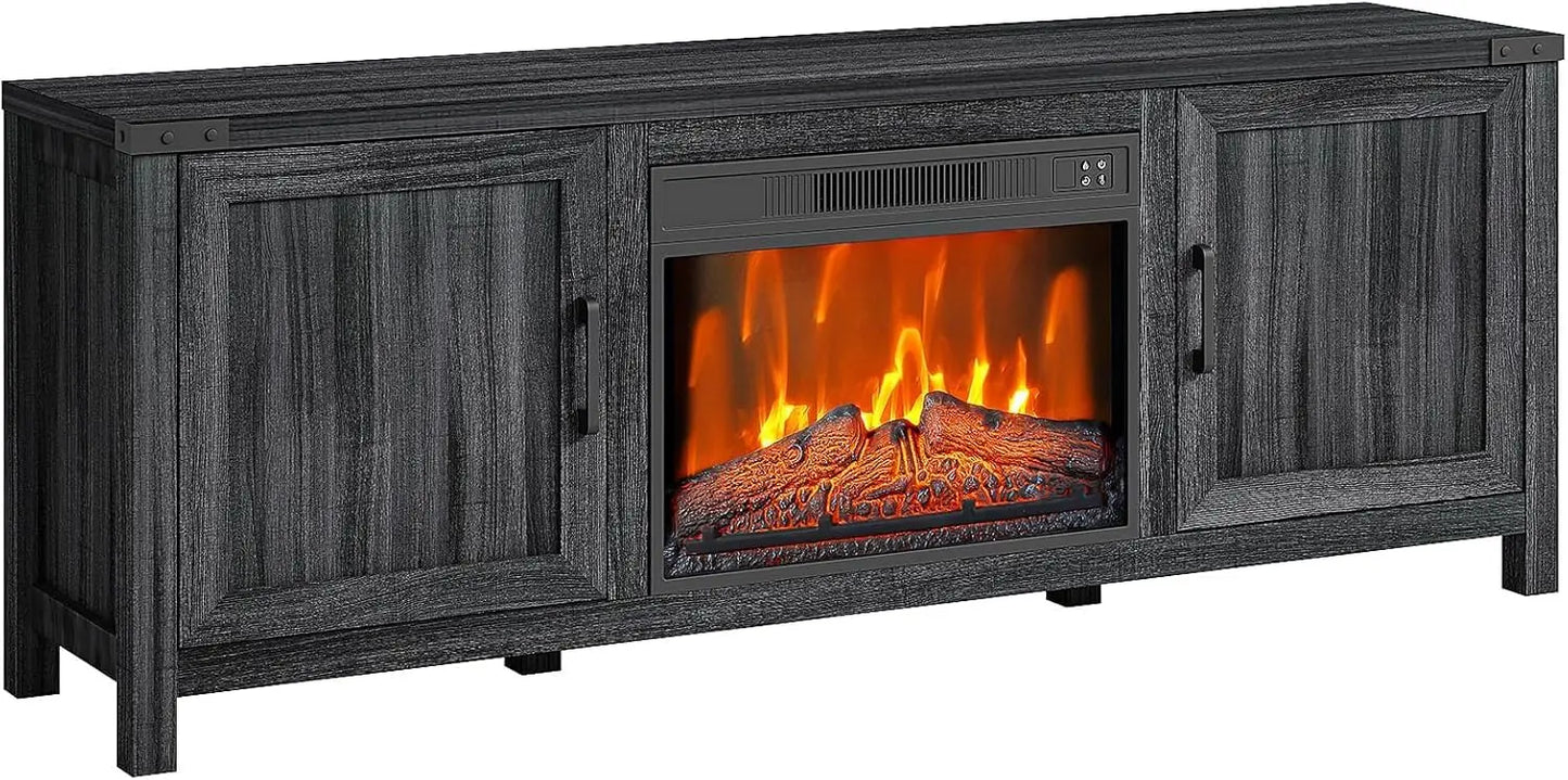Fireplace TV Stand 67 Inches, Entertainment Center with 23" Electric Fireplace Storage Cabinet Doors and Open Shelves