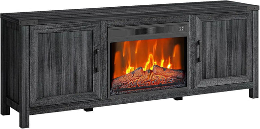 Fireplace TV Stand 67 Inches, Entertainment Center with 23" Electric Fireplace Storage Cabinet Doors and Open Shelves