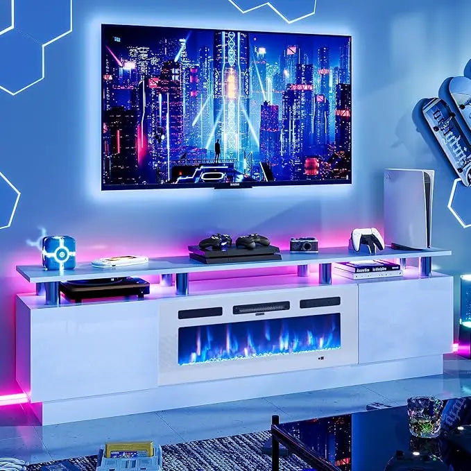 80" Modern Electric Fireplace TV Stand for TVs Up to 90 inch, with Electronic Flame and LED Lights, Luxury High Gloss Finish En