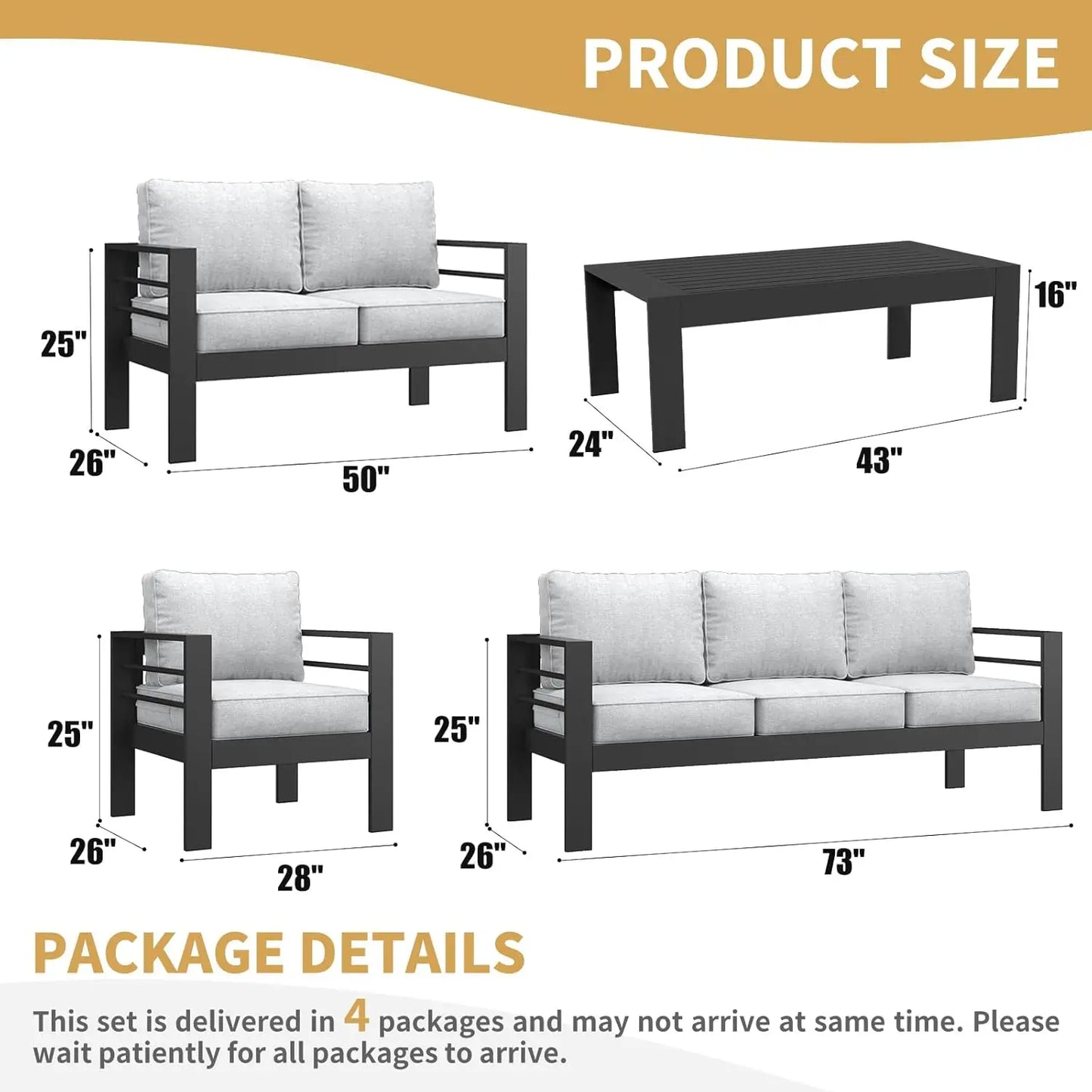 Outdoor Aluminum Furniture Set, 5 Pieces Patio Sectional Conversation Chat Sofa Modern Seating Set with Coffee Table