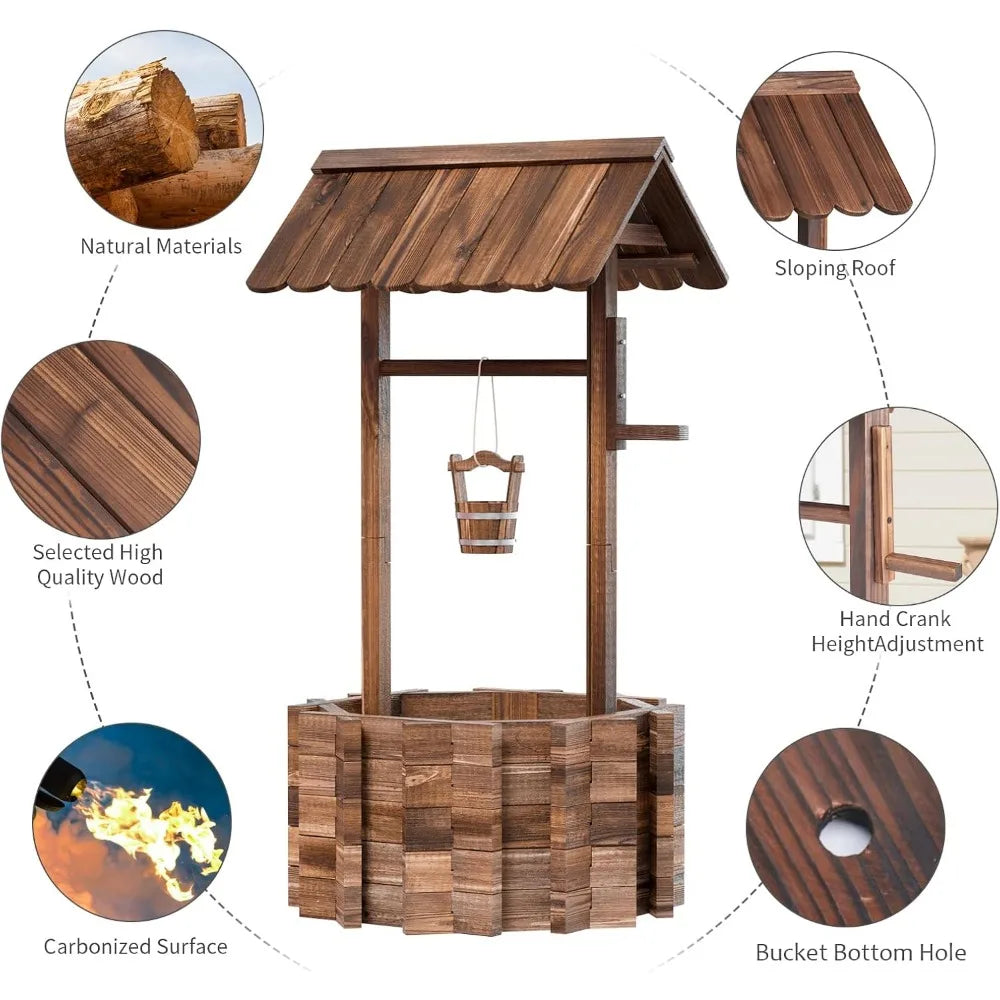 oneinmil Outdoor Wooden Wishing Well Planter with Hanging Bucket for Flower and Plants, Home Decor for Patio,Garden, Yard,25.6"