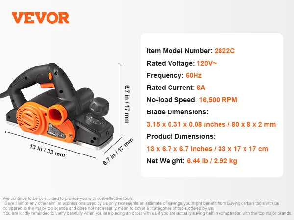 SucceBuy Corded Electric Hand Planer High Speed 16500 RPM