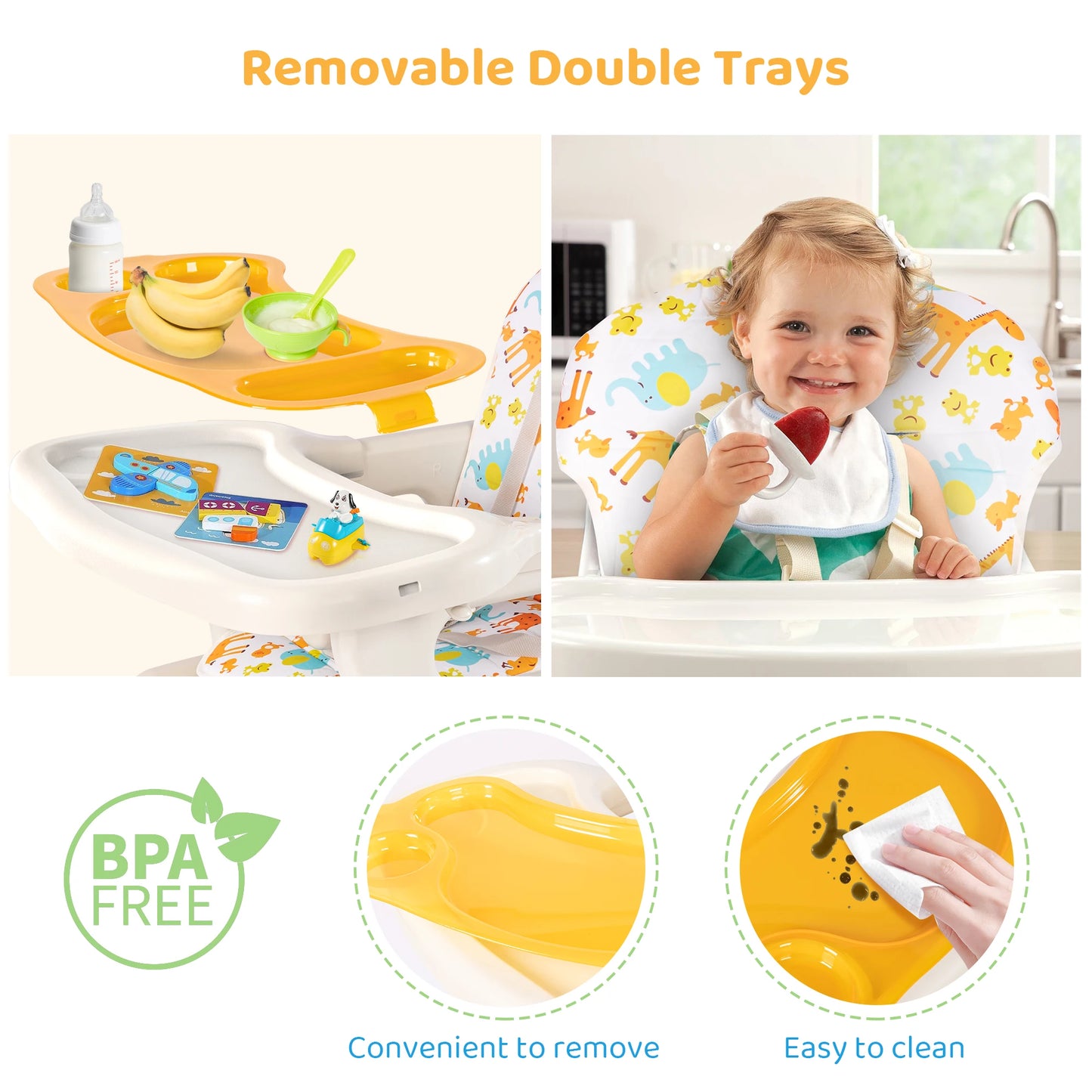 SEJOY 2-in-1 Baby High Chair Foldable with Table Footrest, Detachable Double Tray, Easy to Clean Feeding Detachable Highchair