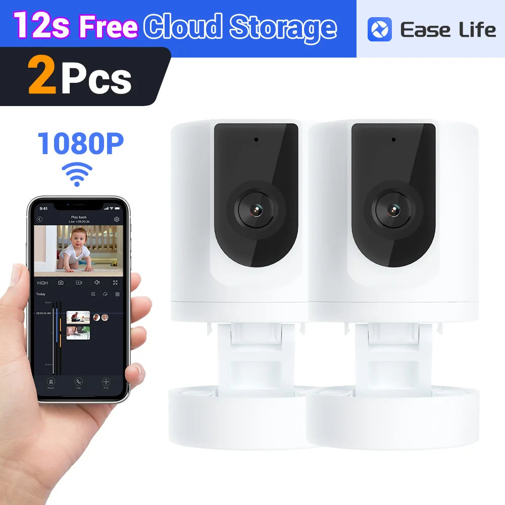2PC Ease Life APP, Security Camera Indoor, 1080P Pet Camera, Pet Camera with Phone App, Foldable Baby Camera for Home Security,