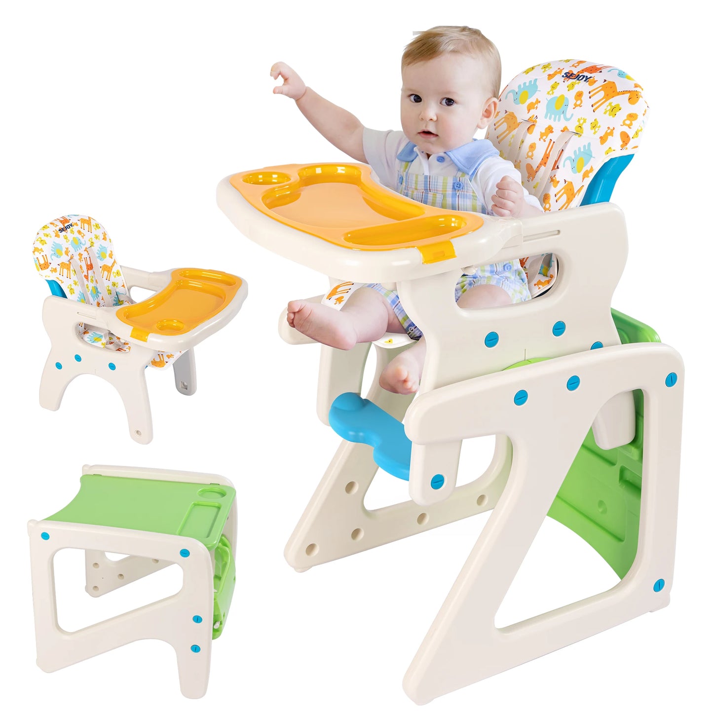 SEJOY 2-in-1 Baby High Chair Foldable with Table Footrest, Detachable Double Tray, Easy to Clean Feeding Detachable Highchair