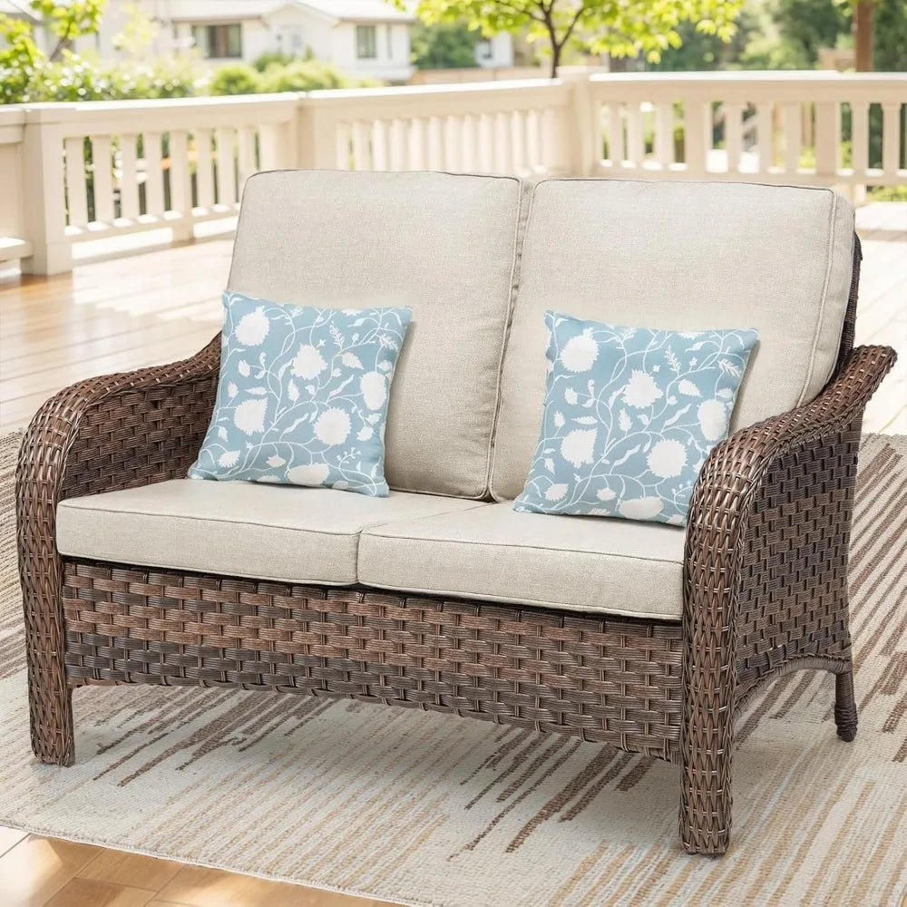 Patio Loveseat, 2 Seater Wicker Small Patio Couch Sofa with Cushions, Outdoor Patio Rattan Loveseat Sofa for Sun Porch Deck Pati