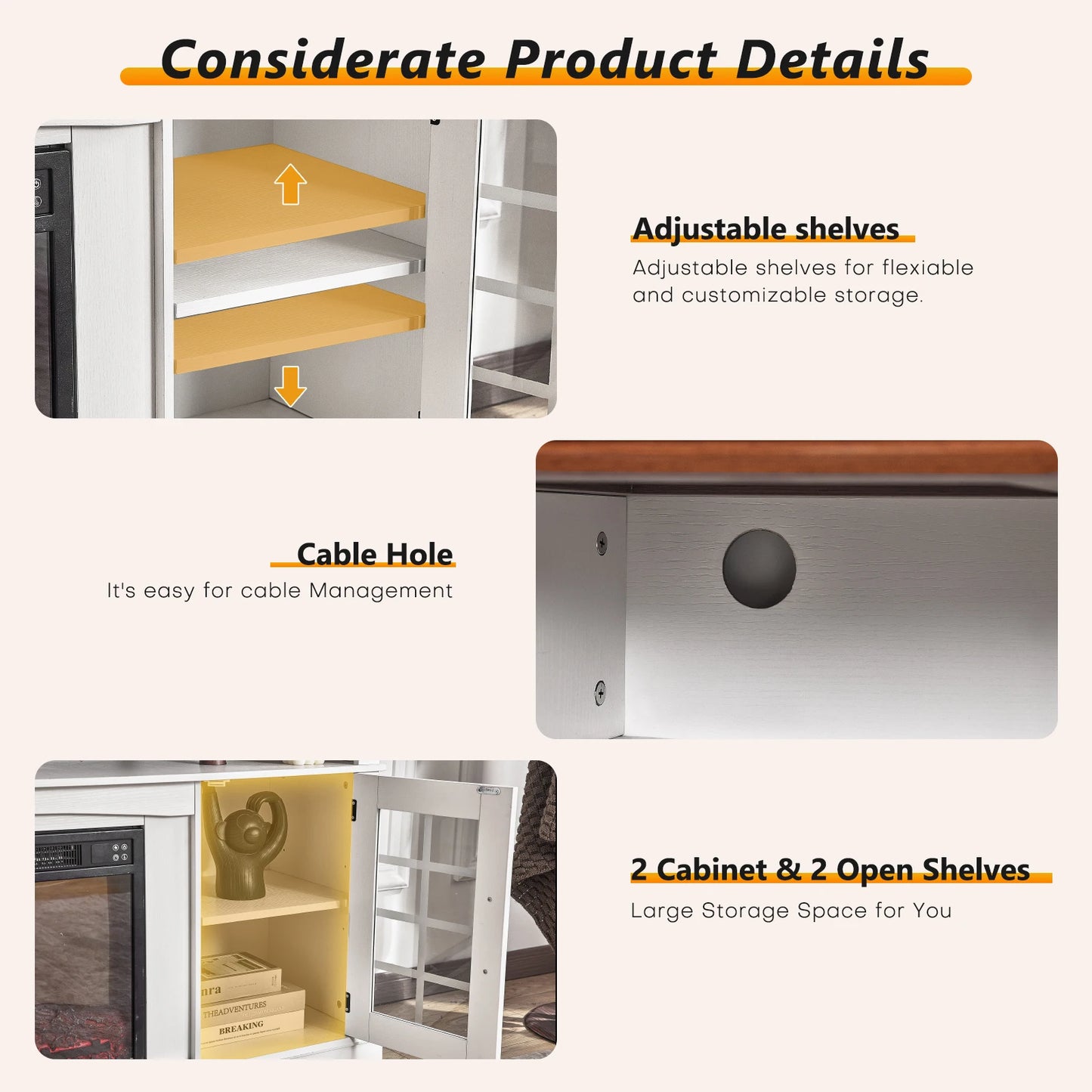 Fireplace TV Stand for 65" TV Media Entertainment Center Console Table w/ 18'' Electric Fireplace Remote Control Storage Shelves