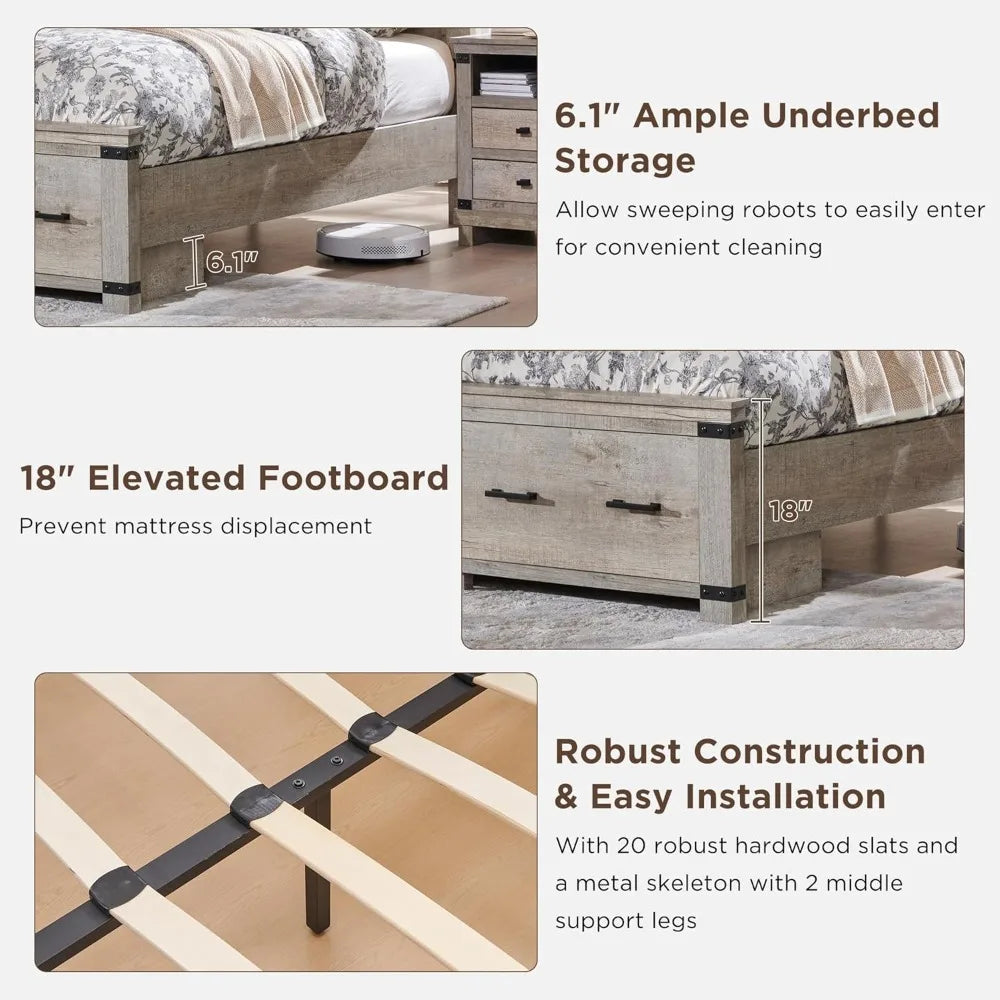 ZHUXIANG Wood Bed Frame Geometric Headboard Storage Drawers