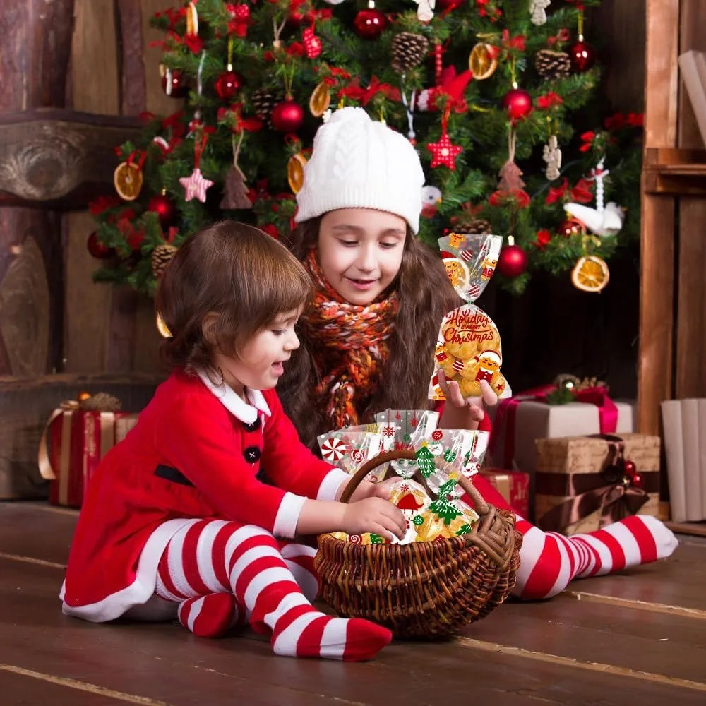 Christmas Cellophane Treat Bags With Twist Ties Santa Theme