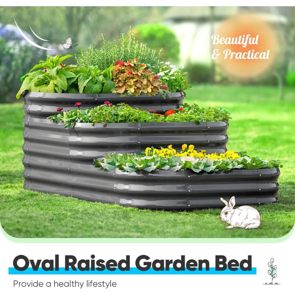 Quictent Galvanized Tiered Raised Garden Bed Kit, 43x63x31.5 in Oval Planting Box, for Vegetables Outdoor 3-in-1 Assembly Modula