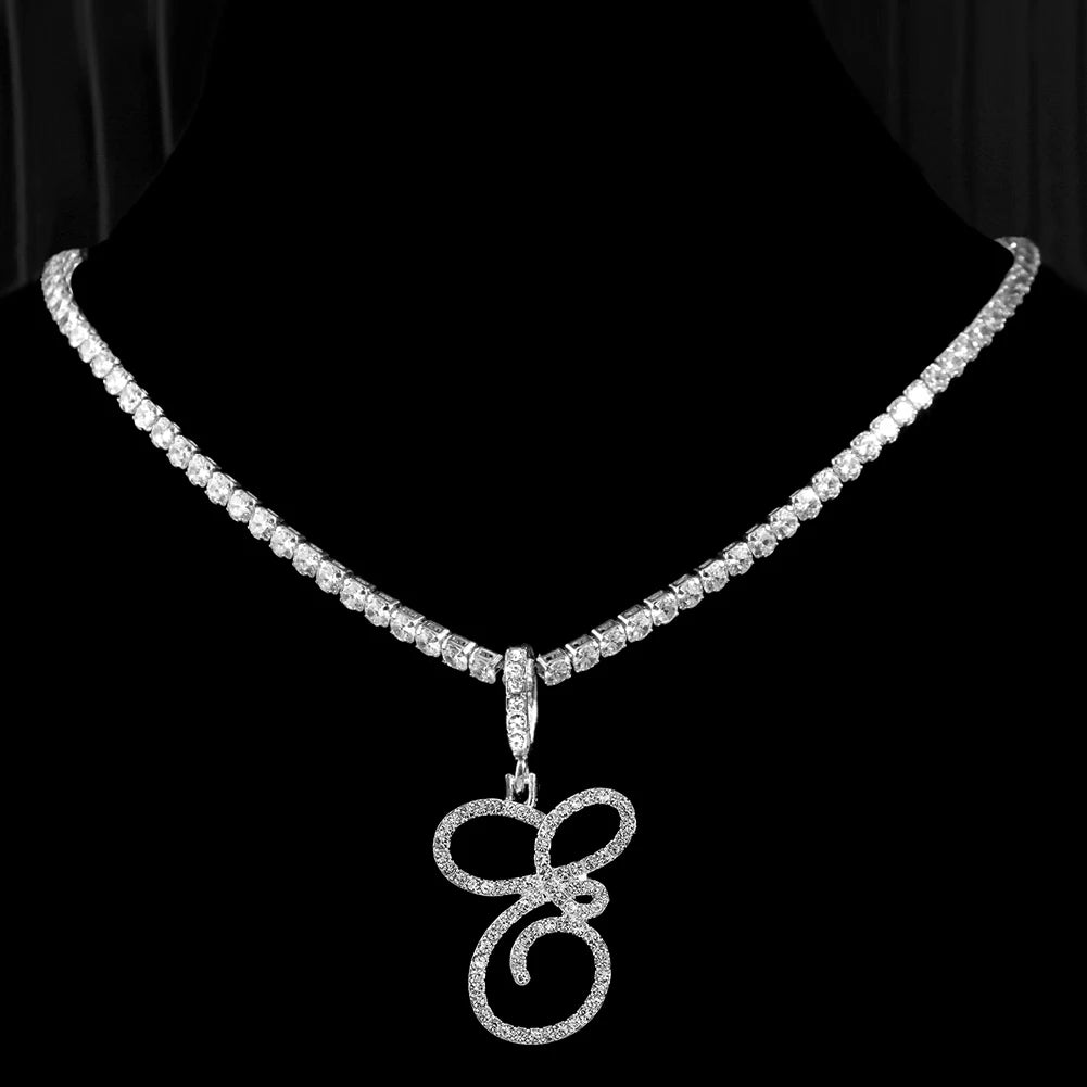 Caraquet Cursive Alphabet Name Necklace CZ Chain Pendant