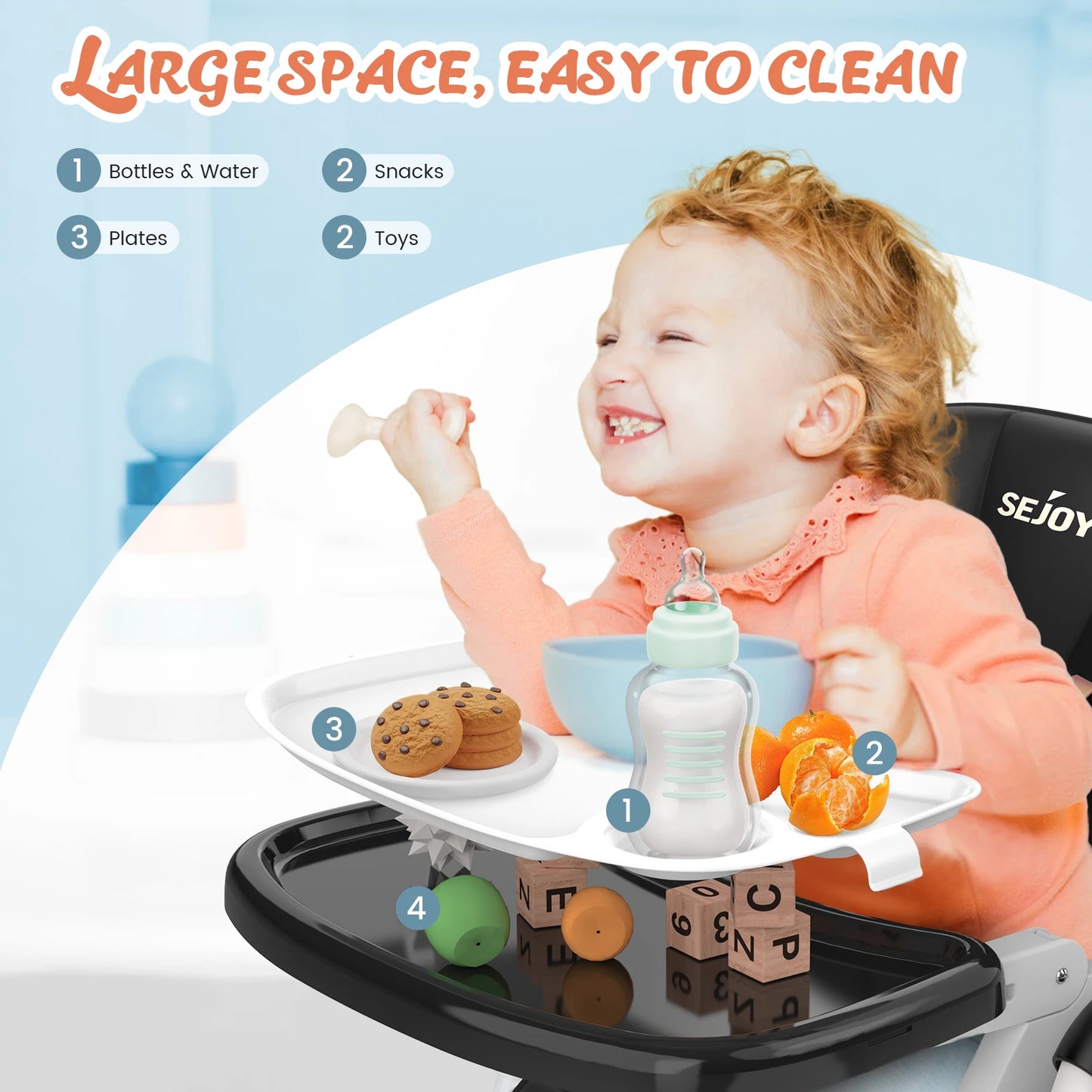 Sejoy Adjustable Baby High Chair with 5-Point Harness 3-Tier Tray & Wheels CE/CPC Certified Children's Dining Chair