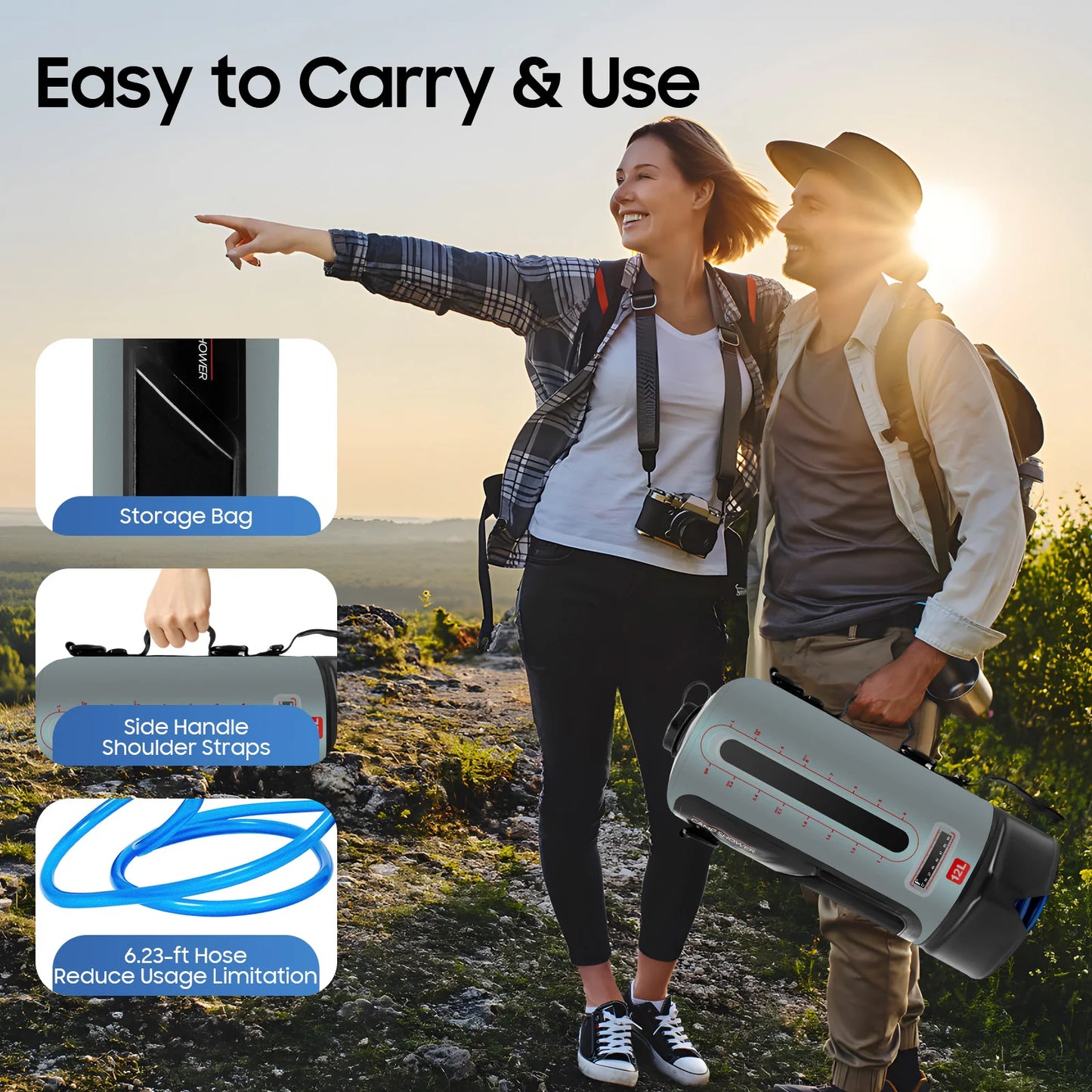 12L/3gallon Portable Pressure Camp Shower with Detachable Double Shoulder Strap, Bag Shower for Hiking Outdoor Climbing