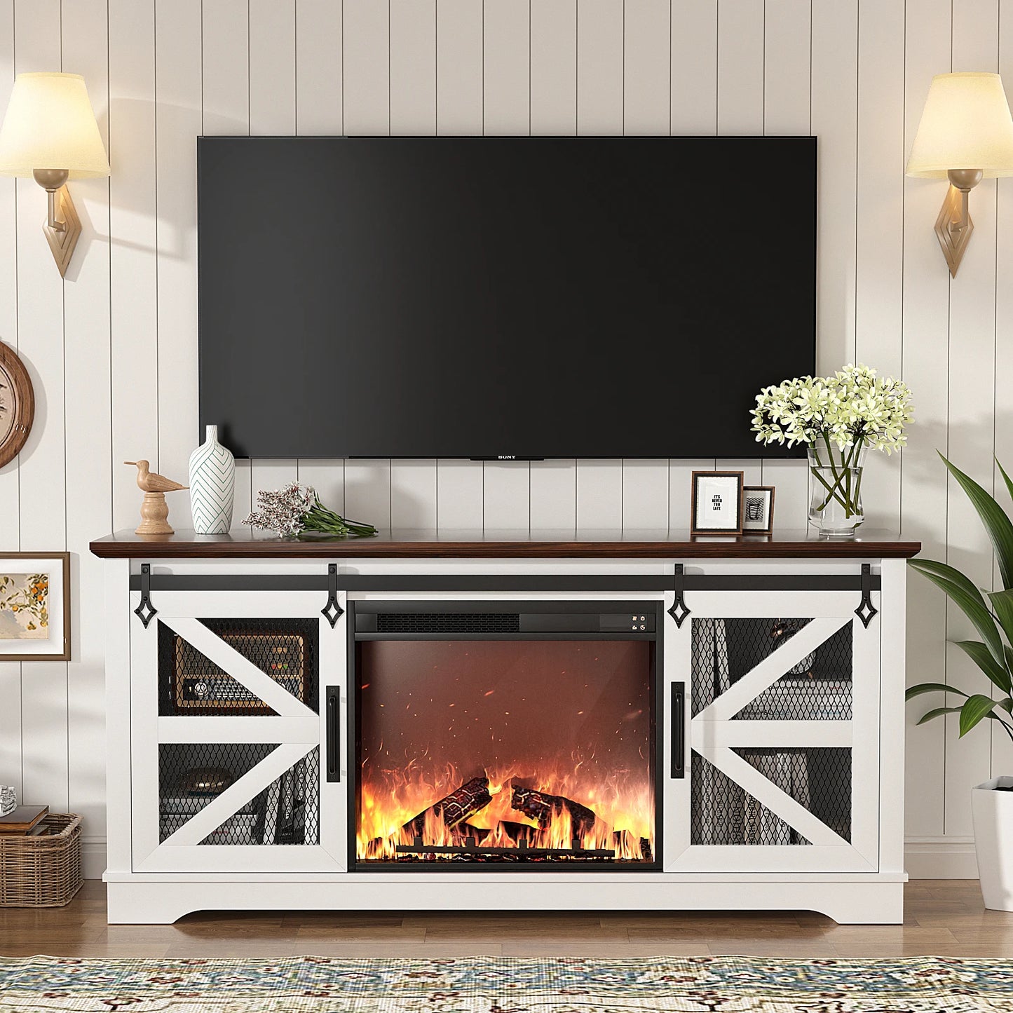 TV Stand for TVs up to 60’’ with Fireplace,Farmhouse Entertainment Center w/26’’ Electric Fireplace