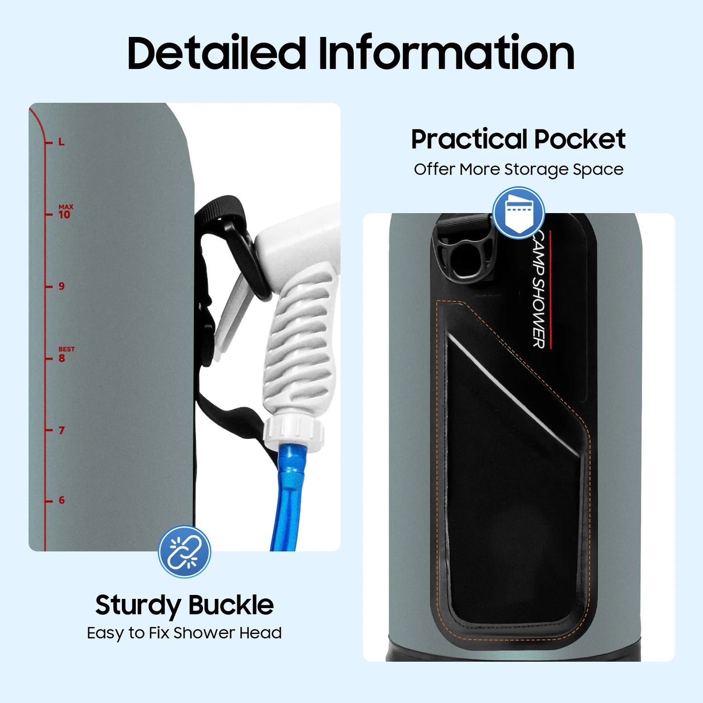 12L/3gallon Portable Pressure Camp Shower with Detachable Double Shoulder Strap, Bag Shower for Hiking Outdoor Climbing