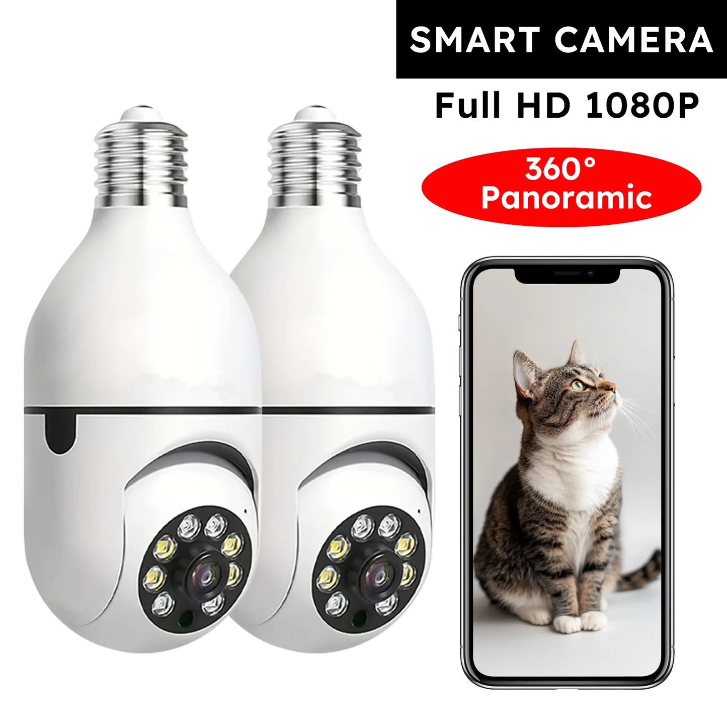 2PC Ease Life APP-Light Bulb Security Cameras Indoor Outdoor Wireless WiFi Camera 2.4GHz, 360 Degree, E27 Light Socket Screw In