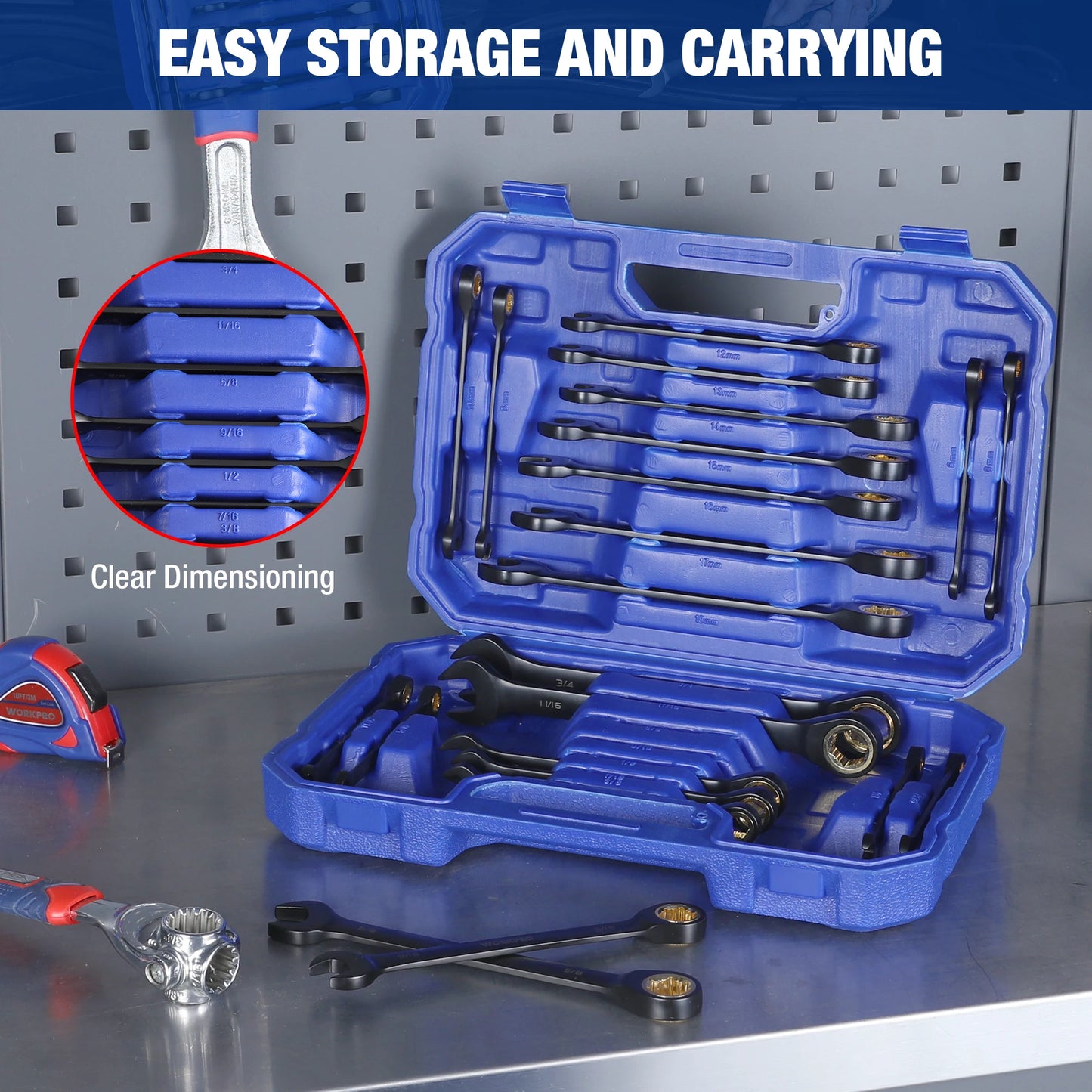 WORKPRO 22 Piece Ratcheting Wrench Set with Organizer Box