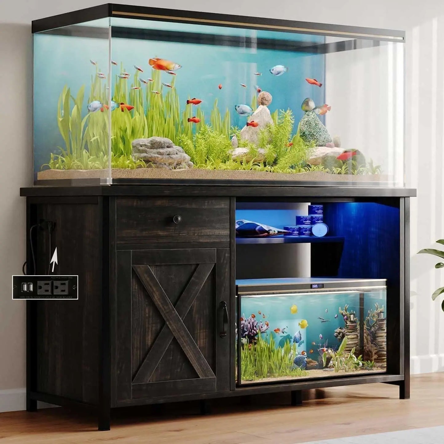 ZHUOTING PremiumGrade SolidWood Aquarium Stand With Integrated LEDLighting USBOutlets System