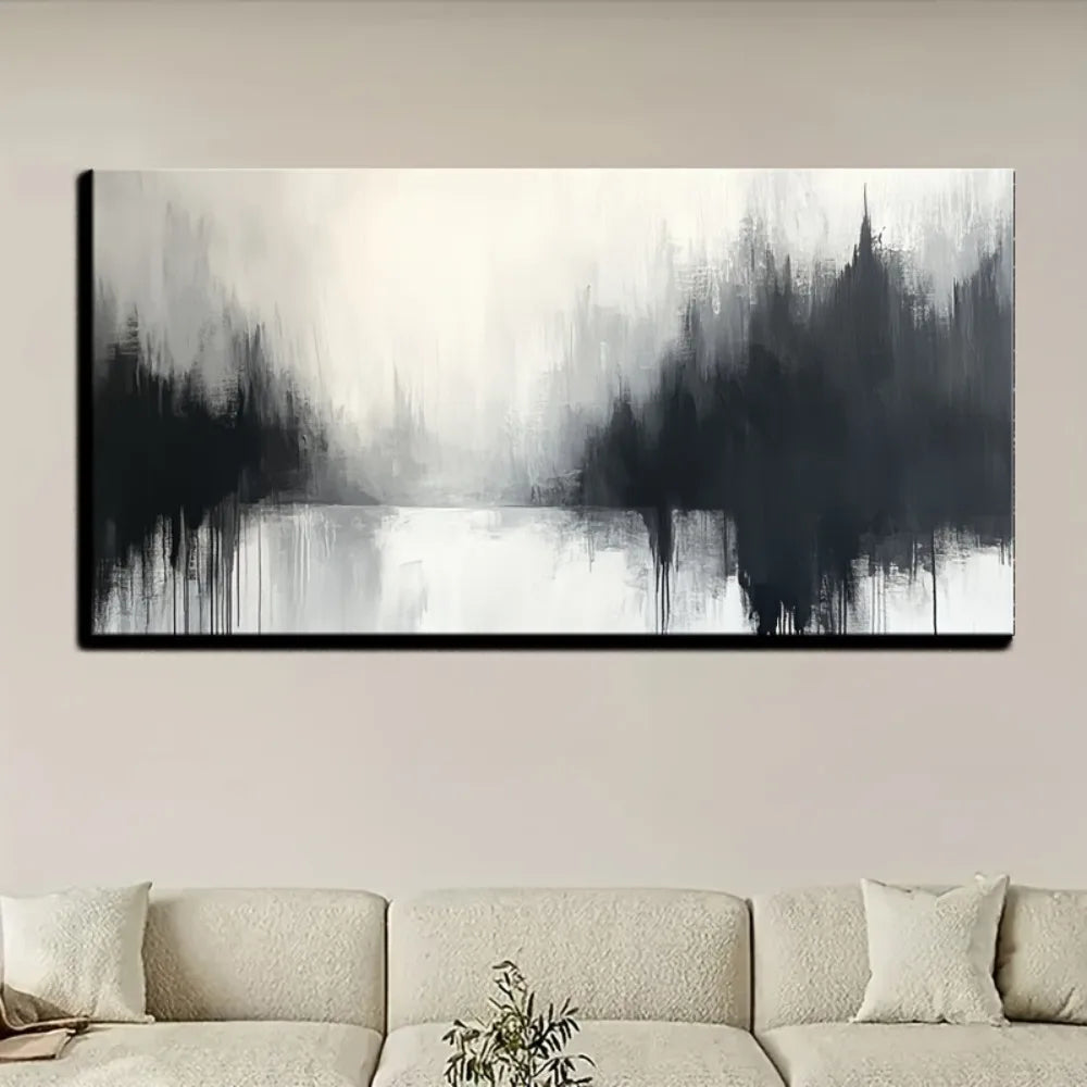 Grey and white abstract canvas painting, modern printed living room decoration, 1.5 inch thick pine solid wood frame