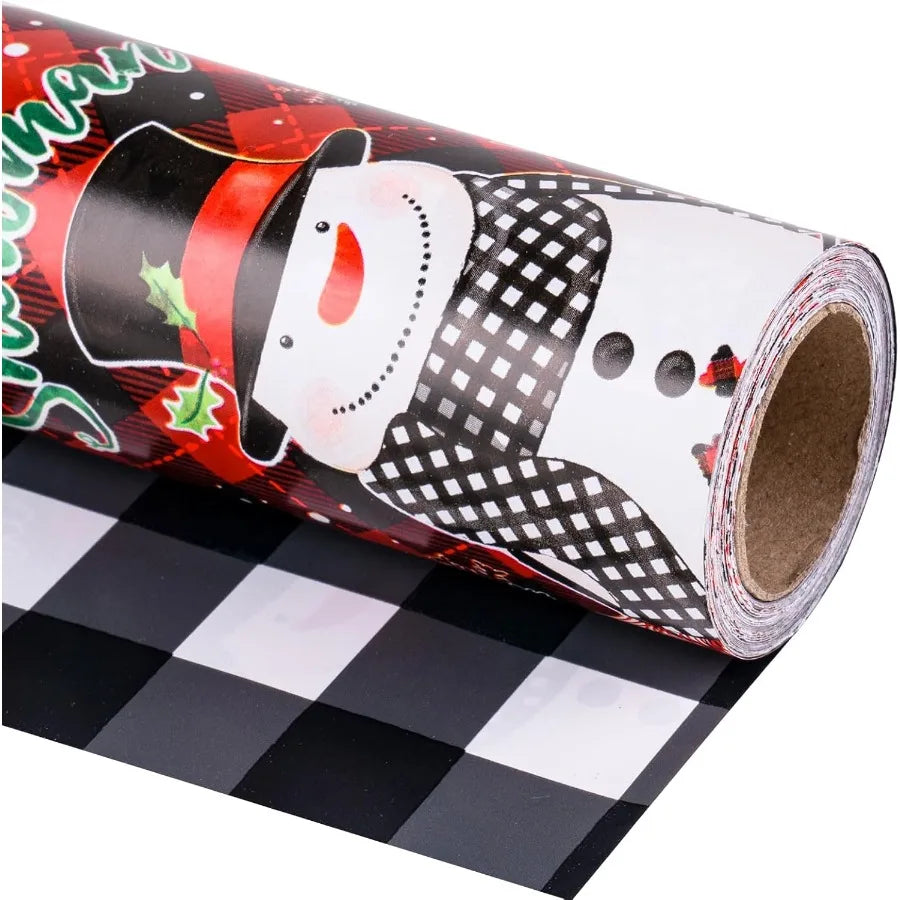 Christmas Wrapping Paper Roll Snowman Plaid Reversible Gift Wrap