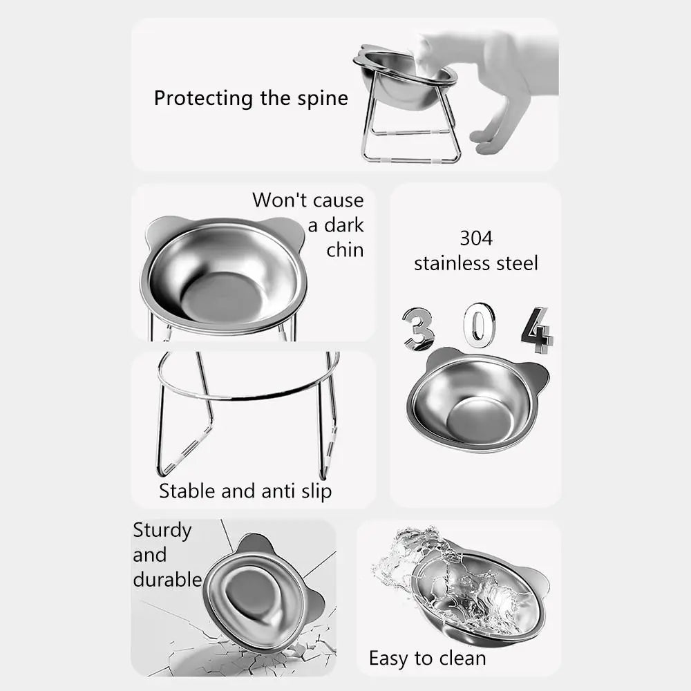 Hign-concerned Raised Cat Bowls Tilted Neck Guard ExtendedDurable StainlessSteel ShatterResistant