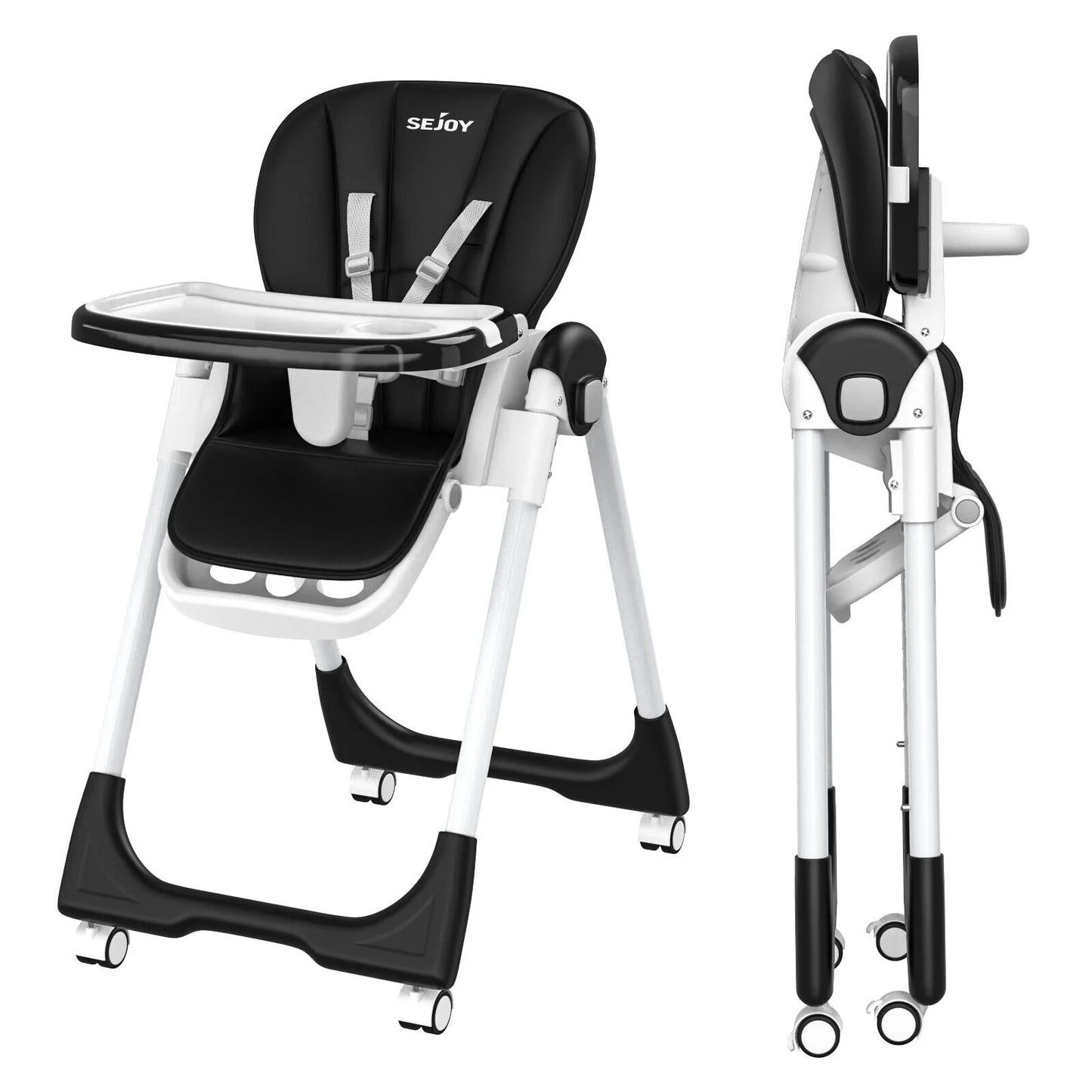 Sejoy Adjustable Baby High Chair with 5-Point Harness 3-Tier Tray & Wheels CE/CPC Certified Children's Dining Chair