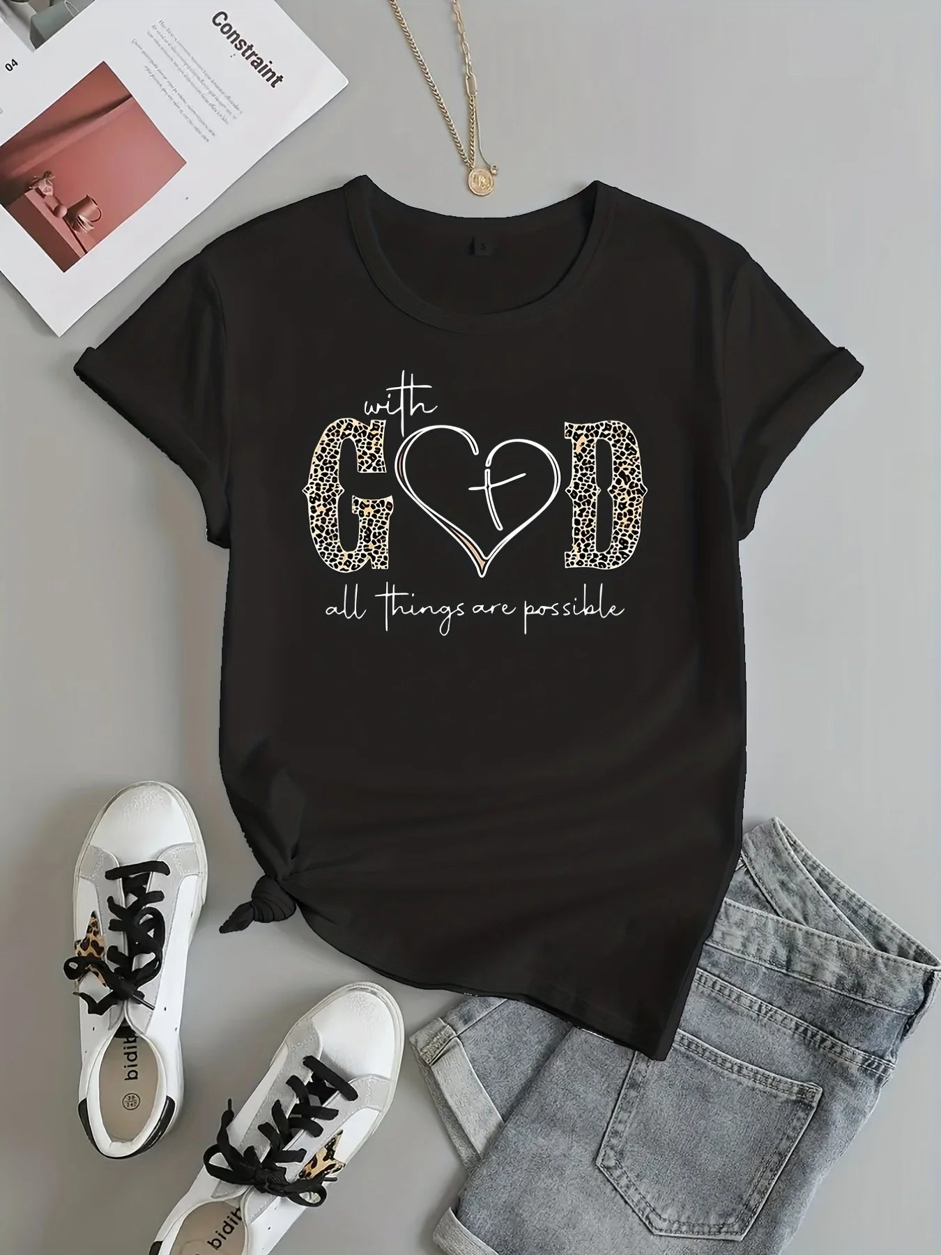 With God Print T-Shirt Summer Short Sleeve Crew Neck Casual Top Womens Clothing Soft and Comfortable