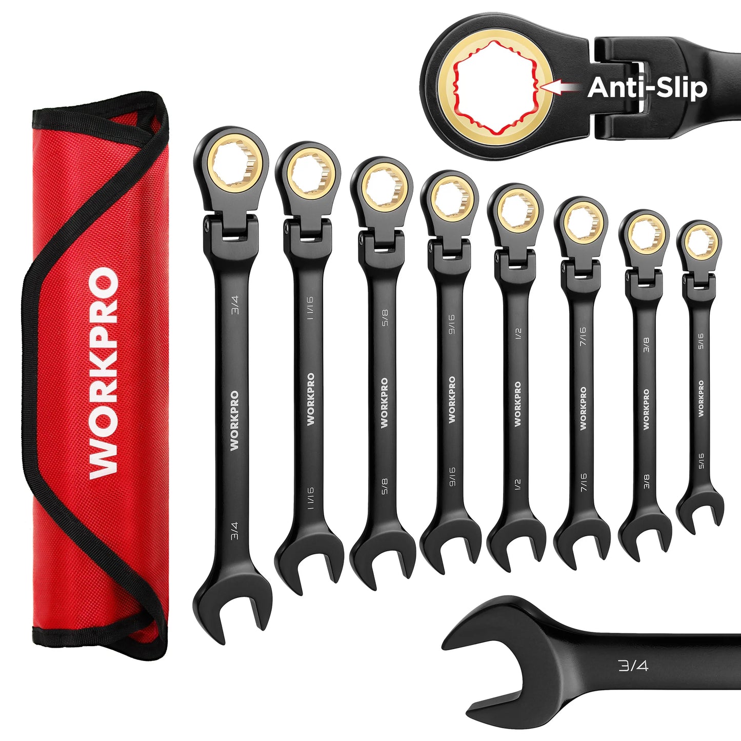 WORKPRO FlexHead Ratcheting Wrench Set 72 Teeth CRV
