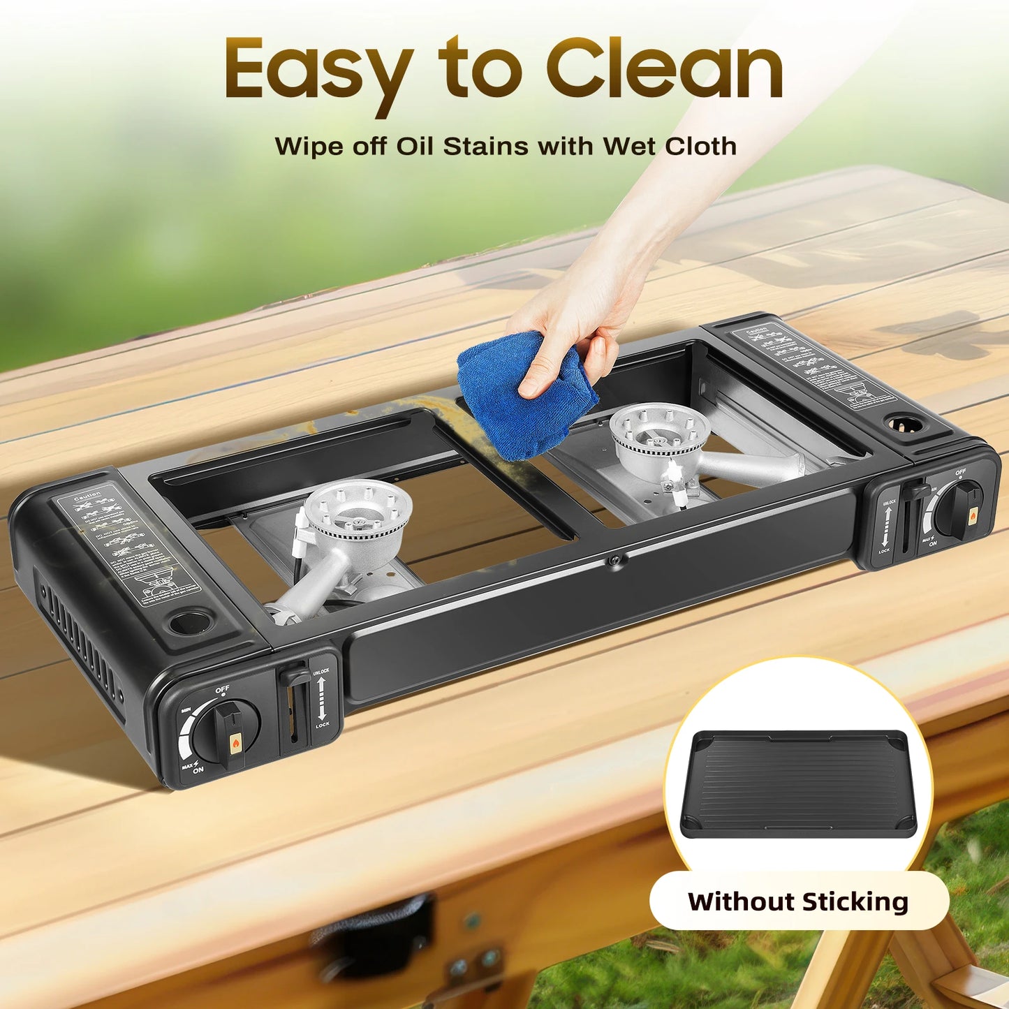 2in1 2-Burner Portable Camping Stove, Butane Camping Stove Kit w/Baking Pan and Carrying Case, Auto Ignition Camping Burner LPG