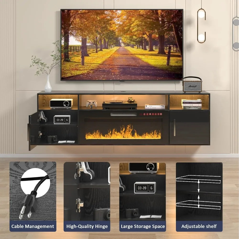 Floating TV Stand with Fireplace, 70" Floating TV Stand Wall with 36" Fireplace, Black Floating Electric Fireplace TV Stand