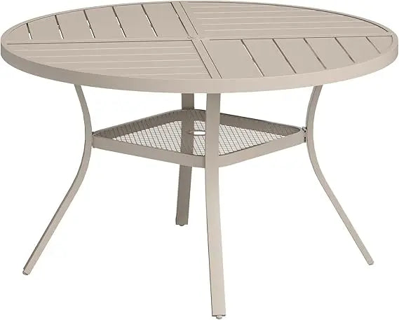 Round Patio Table with Adjustable Umbrella Hole, All Weather Outdoor Round Dining Table for Lawn Garden, 41.2"x 28" Grey Wood-L
