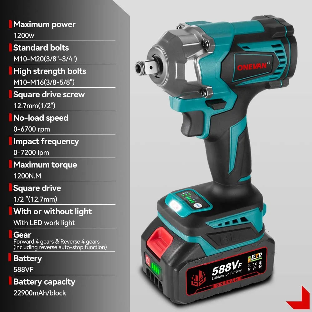 ONEVAN 1200Nm Brushless Cordless Impact Wrench With Makita Battery