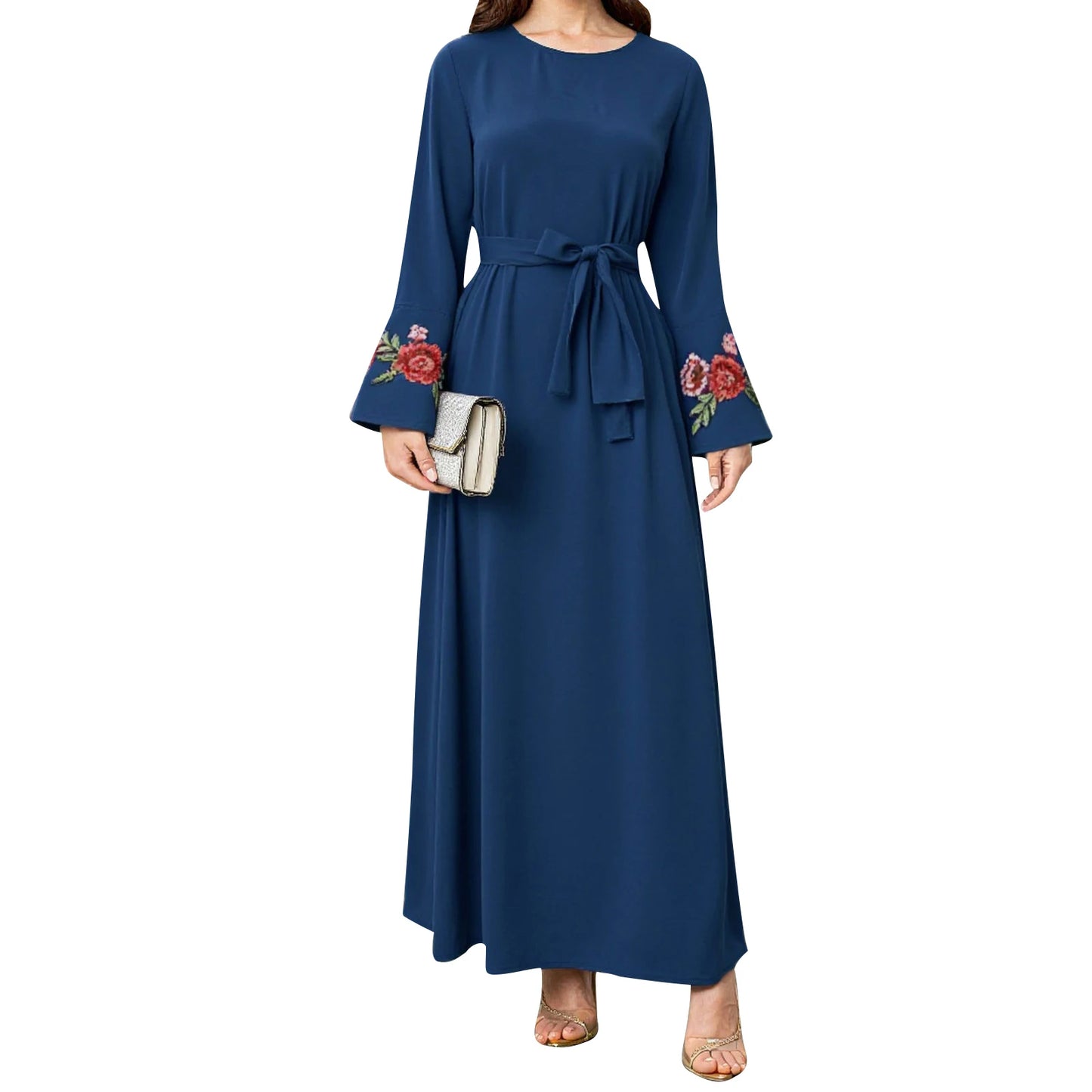 Elegant Floral Patterned Abaya Dress with Belt and Flare Sleeves Round Neck Long Sleeve Robe for Women Perfect for Prayer and