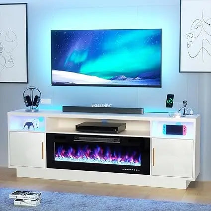 Electric Fireplace TV Stand with 36 inch Fireplace Up to 80" TVs-Led Entertainment Center with Outlet, High Glossy Doors-70 inc