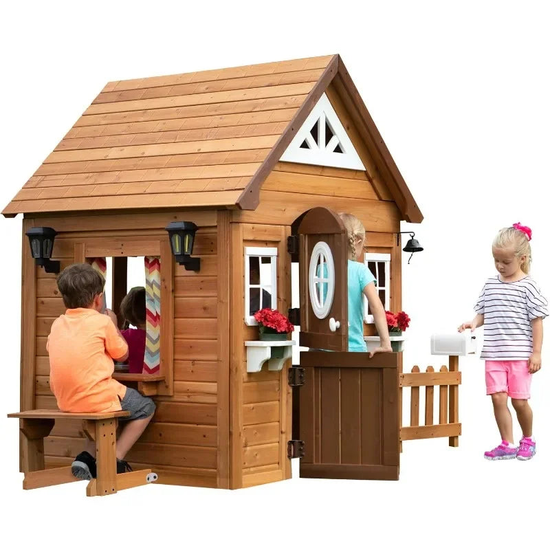 Aspen Cedar Wooden Kids Playhouse Cottage with Kitchen and Picnic Bench