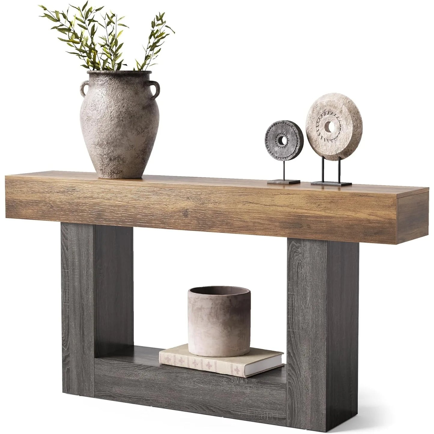 LITTLE TREE 63 Inches Long Console Table, 2-Tier Farmhouse Sofa Table Behind Couch for Living Room