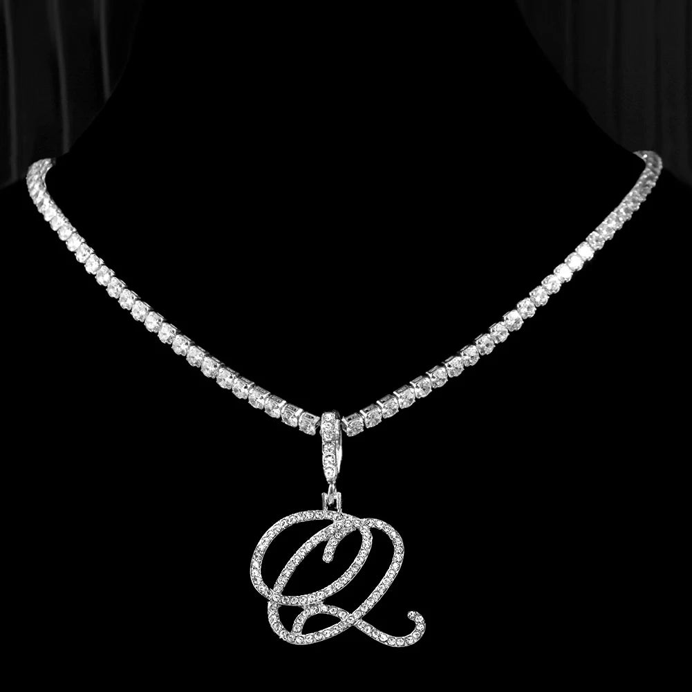 Caraquet Cursive Alphabet Name Necklace CZ Chain Pendant