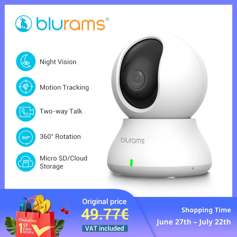 Blurams 2.4＆5G WiFi Indoor Camera, 2K, 360° PTZ Pet Dog IP CCTV Camera with Phone App, 2-Way Talk, Night Vision, for Home Securi