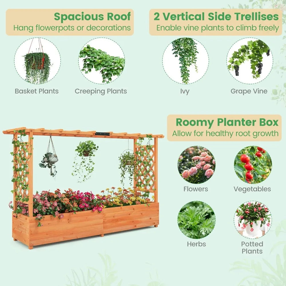Giantex Raised Garden Bed with Trellis & Hanging Roof, Wood Planter Box with Bottom and Drainage Holes, Freestanding Garden Plan