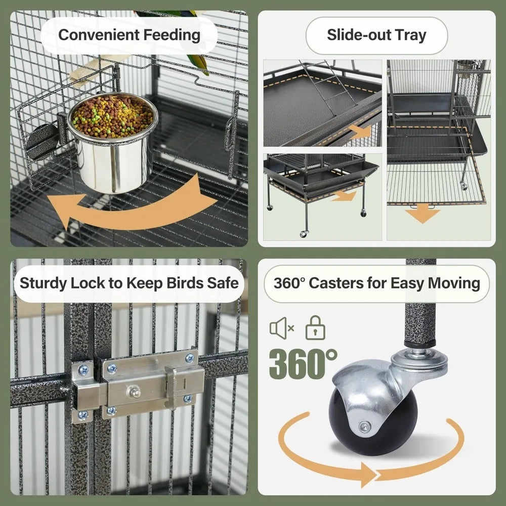 IndustrialGrade WroughtIron Parrot Cage With Rolling Stand Playtop Premium Durable