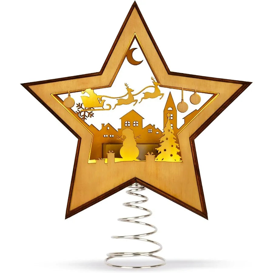 Christmas Tree Topper Star Lighted 3D Wooden Star Topper