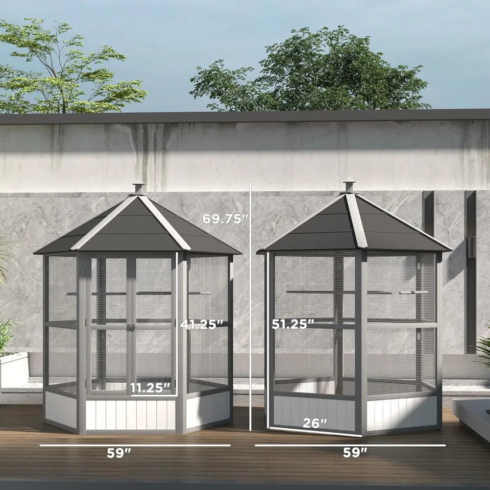 Wooden Hexagonal Outdoor Aviary Cage With WeatherproofDurableFinish Roof For Birds