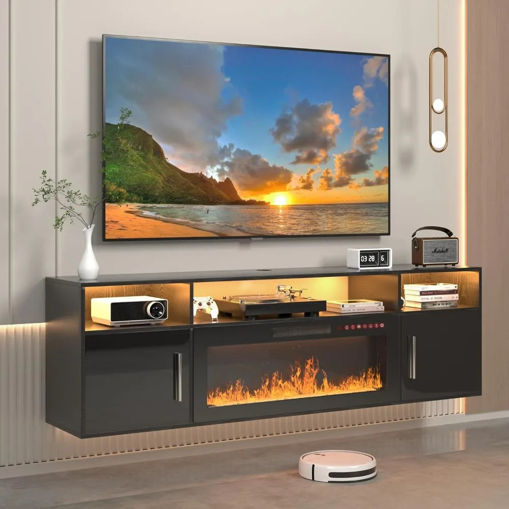 Floating TV Stand with Fireplace, 70" Floating TV Stand Wall with 36" Fireplace, Black Floating Electric Fireplace TV Stand