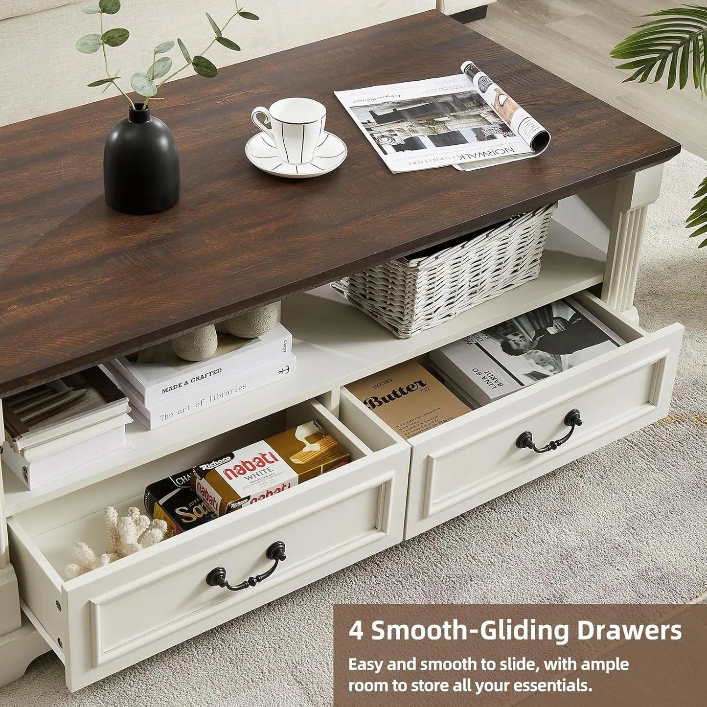 48'' Wood Coffee Table for Living Room, Farmhouse Coffee Table with Storage, Rustic Center Table for Living Room with 4 Drawers