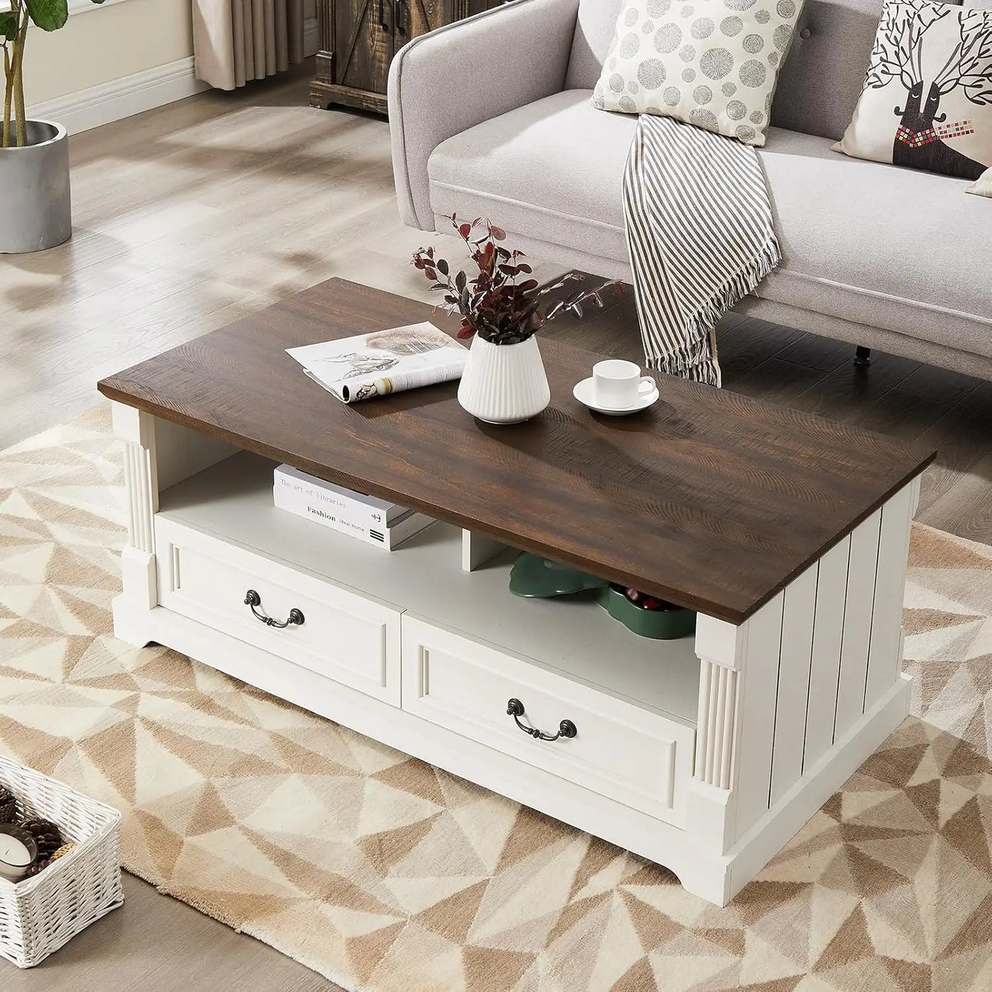 48'' Wood Coffee Table for Living Room, Farmhouse Coffee Table with Storage, Rustic Center Table for Living Room with 4 Drawers